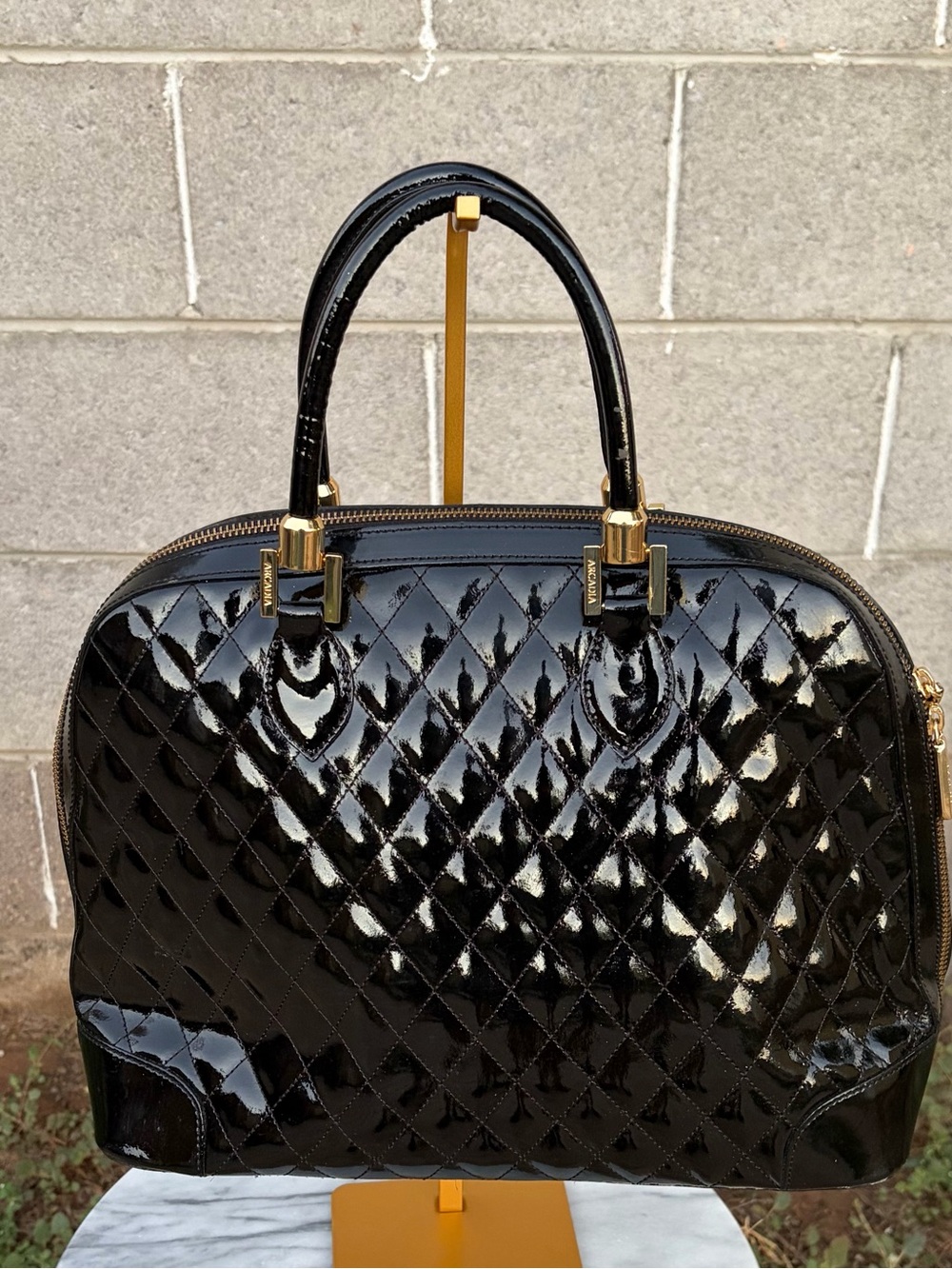 Arcadia Made Italy Luxury Black Quilted Genuine Patent Leather Dome Satchel Bag
